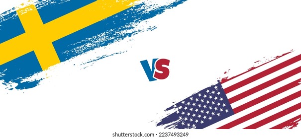 Creative Sweden vs United States of America bürstet die Flaggen. Zwei Länderflaggen im Stile eines künstlerischen Pinsels, Hintergrund