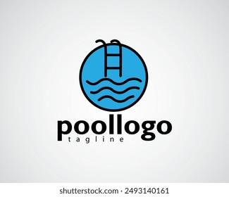 creative swimming pool stairs with water waves underneath logo design