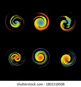 Creative Swirl Vector Symbols are similar to the image of hurricane cyclone wind, tropical typhoon, spiral storm, tornado on a climate map. Set of color grunge curl logo isolated on black. Abstract