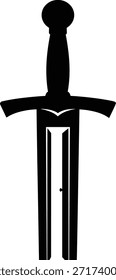 Kreatives Schwert und offene Tür grafische Silhouette. Mittelalterliche Waffe mit geheimen Eintrittskonzept. Fantasy-Abenteuer, Gelegenheit, Herausforderung Symbol. Vektorgrafik