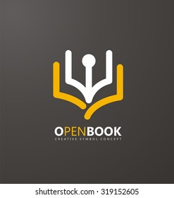 Creative symbol concept with book and pen. Unique icon idea for bookstore or publishing business. Simple and flat logo design layout with education theme.