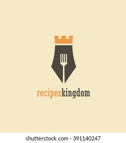 Creative symbol concept for cook book. Pen with crown and fork in negative space. Restaurant logo. 