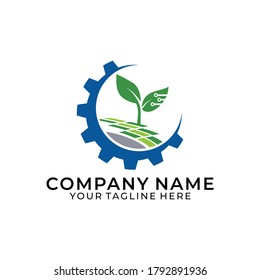 Creative symbol concept with gear, green leaf and subtly shape of lab flask in negative space. Modern agricultural technology logo design template. Icon idea for farming and food production theme.
