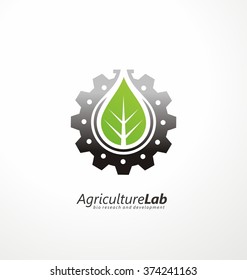  Creative Symbol Concept With Gear, Green Leaf And Subtly Shape Of Lab Flask In Negative Space. Modern Agricultural Technology Logo Design Template. Icon Idea For Farming And Food Production Theme.