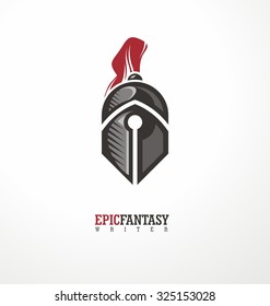 Creative symbol concept with knight and pen. Logo design layout for epic fantasy genre writer or publisher. Book lovers icon template.