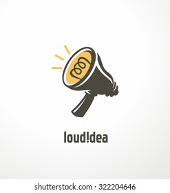 Conceito de símbolo criativo para agência de marketing. Ideia de design de logotipo exclusivo com megafone e lâmpada. Layout de ícones simples e minimalista.