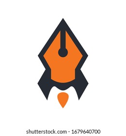 Creative symbol concept with pen and rocket. Science fiction writer unique logo design idea. Space ship illustration