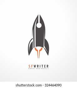 Creative symbol concept with pen and rocket. Science fiction writer unique logo design idea. Space ship illustration.