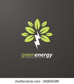 Creative symbol concept for renewable energy. Tree and bolt logo design layout. Flat icon concept for naturally replenished resources. Go green theme on dark background.