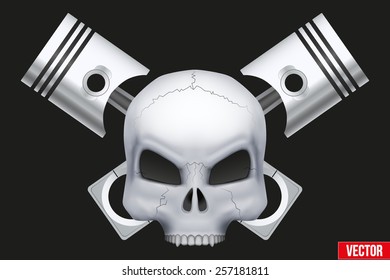 Creative symbol Human skull with engine pistons. Race or biker theme. Vector Illustration isolated on background