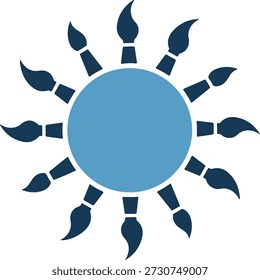 Um símbolo criativo de um sol composto de pincéis azuis escuros em torno de um círculo azul claro sobre um fundo branco puro