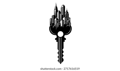 Un diseño creativo y simbólico con una silueta del horizonte de la ciudad perfectamente integrada en forma de llave vintage. La Imagen evoca conceptos de desarrollo urbanístico, inmobiliario, acceso a