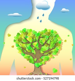 Creative symbolic illustration on clean air and human health. Human lungs are shown as a tree with foliage in the form of heart on the background of the environment