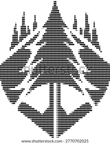 Creative symmetrical emblem of an evergreen tree and surrounding shapes, crafted entirely from small black dots on a transparent backdrop.