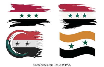 Creative syrian flag designs featuring stars, brush strokes, and wave patterns in vibrant styles. Perfect for patriotic, cultural, and artistic themes with a modern abstract touch