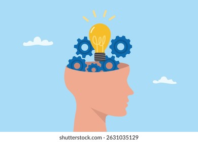 Creative and system thinking, solving problem skill, method analysis for solution success and resolution process concept. Human head with gear and light bulb vector illustration.