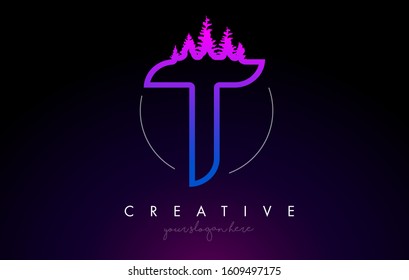 Creative T Letter Logo Idea With Pine Forest Trees. Letter T Design With Pine Tree on TopVector Illustration.