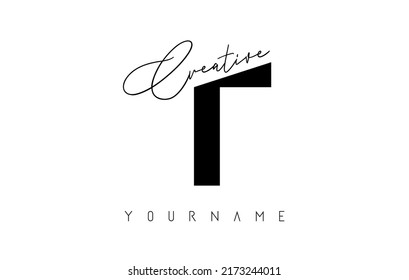 Creative T logo with cuts and handwritten text concept design. Letter with geometric design. Vector Illustration with letter and creative cut.