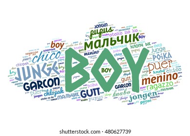 Creative tag cloud filled by word boy in different languages on white background. Vector.