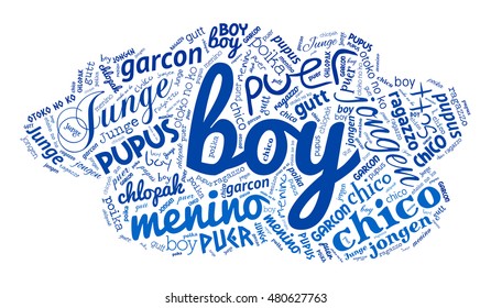 Creative tag cloud filled by word boy in different languages on white background. Vector.