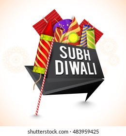 Creative Tag design with colorful firecrackers for Indian Festival, Shubh Diwali (Happy Diwali) celebration.