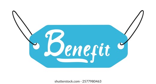 Creative tag design with the word benefit showcased in blue color against a clean background