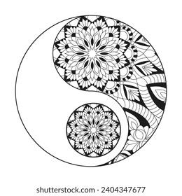 Creative taichi mandala coloring book page for kdp book interior. Peaceful Petals, Ability to Relax, Brain Experiences, Harmonious Haven, Peaceful Portraits, Blossoming Beauty mandala design.