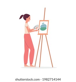 Creative talented woman engaged painting on canvas, flat vector illustration isolated on white background. Young girl standing behind an easel with palette in hands.