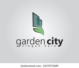 creative tall building with leaves underneath with a line concept logo