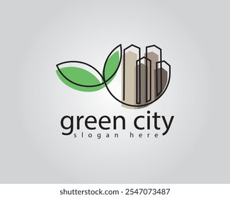 creative tall building and two green leaves line concept logo