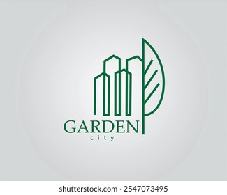 Edificios altos y creativos que se mezclan con la mitad del logotipo de hojas verdes