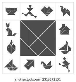 Plantilla de cubierta de juego de tangrama creativo: Rompecabezas geométrico colorido para la página de título, la cubierta, la caja de juego. Conjunto cuadrado del rompecabezas del tangrama. 