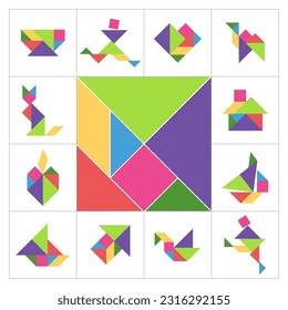 Creative Tangram Game Cover Template: Colorful Geometric Puzzle for Title Page, Cover, Game Box. Tangram puzzle square set. 