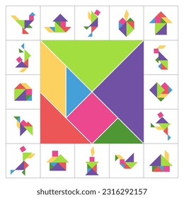 Plantilla de cubierta de juego de tangrama creativo: Rompecabezas geométrico colorido para la página de título, la cubierta, la caja de juego. Conjunto cuadrado del rompecabezas del tangrama. 