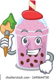 A creative taro bubble tea artist mascot design style paint with a brush