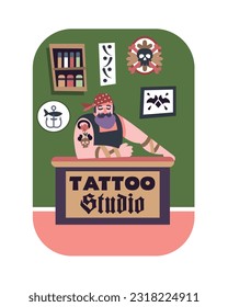 Creative tattoo artist sitting at reception zone and waiting for clients. Professional tattoo salon with sterile equipment. Vector flat illustration in purple and green colors
