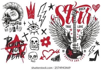 Creative tattoo designs featuring punk rock elements such as guitars skulls hearts and striking graphics. The bold illustrations capture the essence of rebellious music culture.