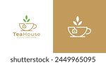 Creative Tea House Logo. Green Tea and House Logo with Linear Outline Style. Herbal Tea Logo Icon Symbol Vector Design Inspiration.