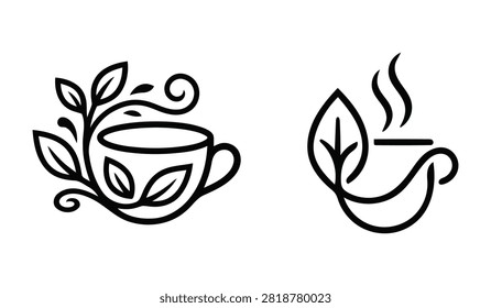 Creative tea mug sketches with decorative foliage, botanical beverage symbols, fluid line art for tea shop branding.