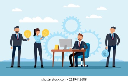 Das Kreativteam. Bejahung und Ablehnung von Ideen. Gruppe von Menschen, die Projekte zum Chef, Brainstorming und Kreativitätsprozess, Vektorcartoon flach isoliertes Business-Teamwork-Konzept präsentieren