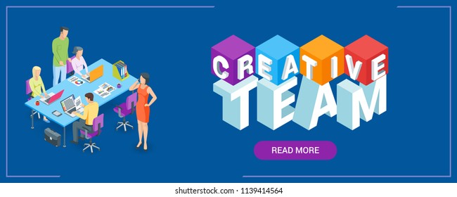 Creative team banner. Image of a working creative peoples. Highly detailed vector illustration of isometric objects