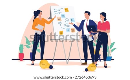 Creative team brainstorming and generating new ideas using a flip chart and sticky notes for project planning and innovation in a modern flat design vector illustration with lightbulbs