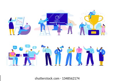 Creative team characters flat vector set. Discussion people. Office workers life. Team thinking and brainstorming.  Analytics of company information. Flat vector characters isolated on whit