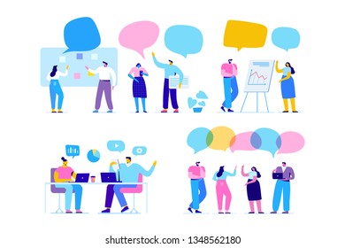 Creative team characters flat vector set. Discussion people. Office workers life. Team thinking and brainstorming.  Analytics of company information. Flat vector characters isolated on whit