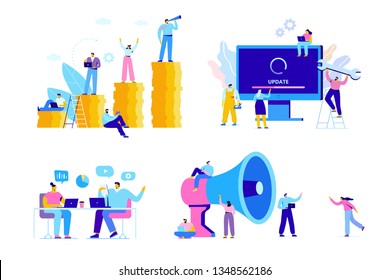 Creative team characters flat vector set. Discussion people. Office workers life. Team thinking and brainstorming.  Analytics of company information. Flat vector characters isolated on whit