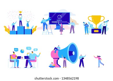 Creative team characters flat vector set. Discussion people. Office workers life. Team thinking and brainstorming.  Analytics of company information. Flat vector characters isolated on whit