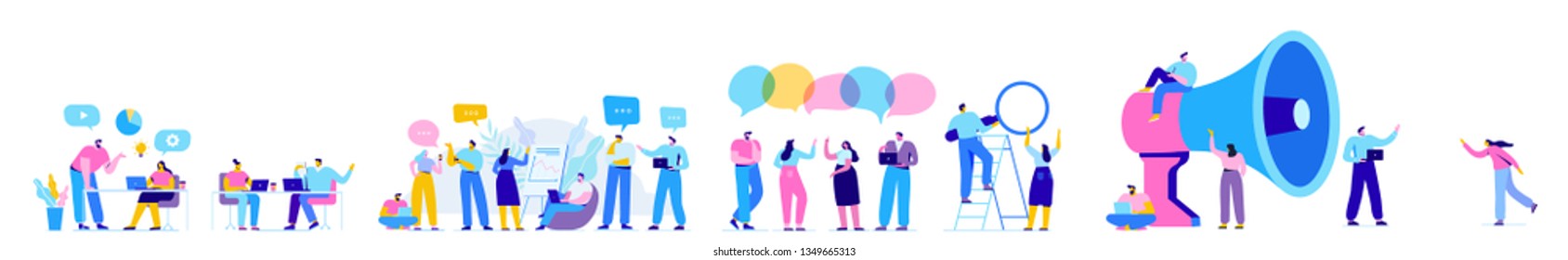 Creative team characters flat vector horizontal banner. Discussion people. Office workers life. Team thinking and brainstorming.  Flat vector illustration