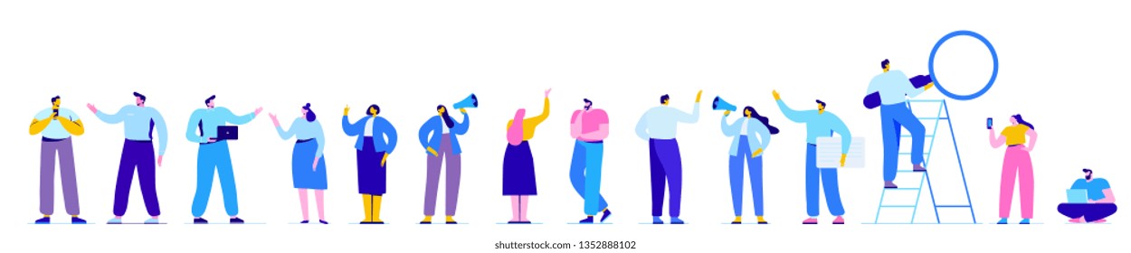 Creative team characters flat vector horizontal banner. Discussion people. Team thinking and brainstorming.  Flat vector illustration.