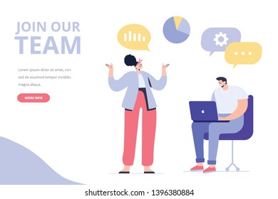 Creative team characters.  Join our team concept. Discussion people. Team thinking and talking. Flat vector illustration.	
