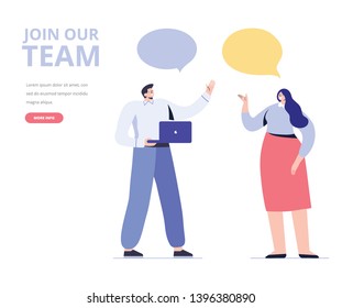 Creative team characters.  Join our team concept. Discussion people. Team thinking and talking. Flat vector illustration.	

